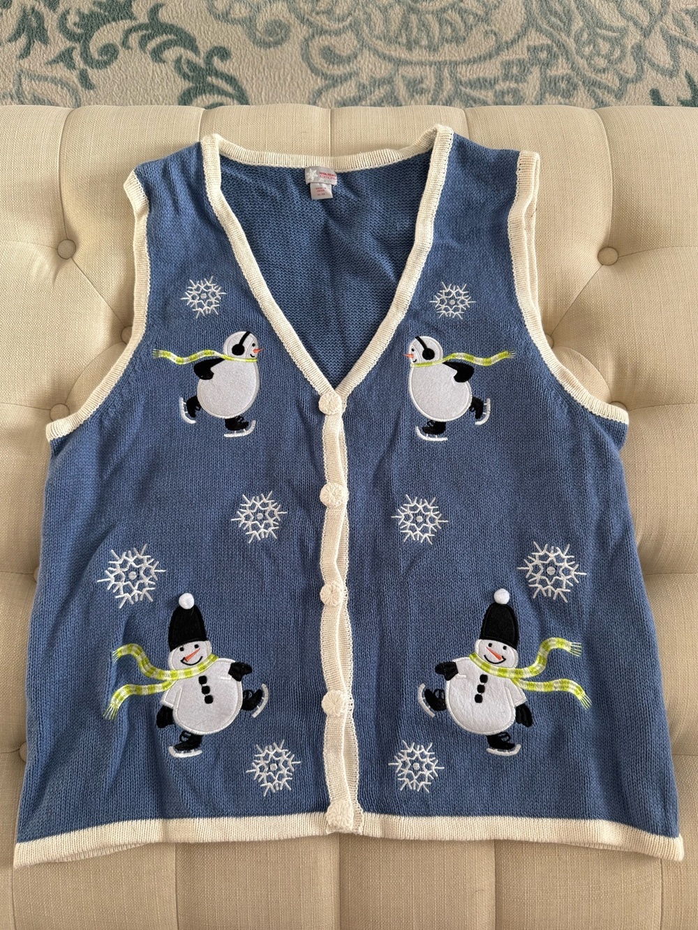 Holiday Editions Blue Snowman V‑Neck Knit Vest with Cream Trim